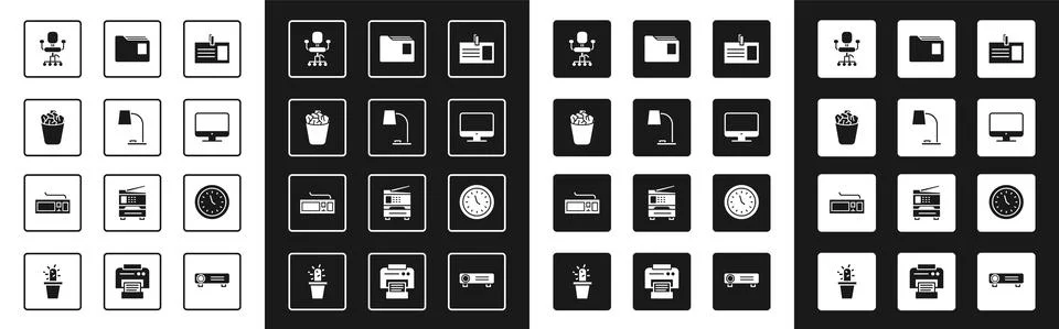 Set Identification badge, Table lamp, Full trash can, Office chair, Computer Ilustración de archivo