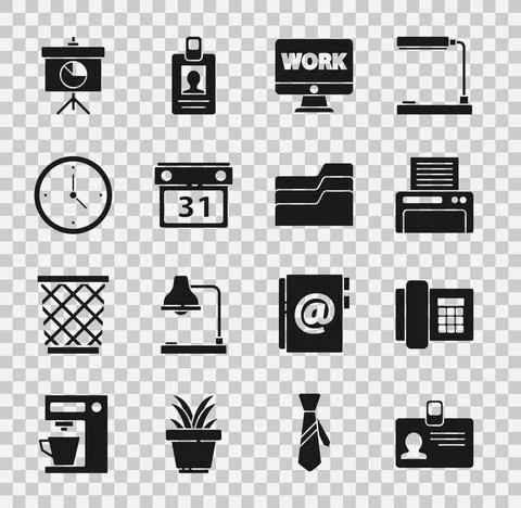 Set Identification badge, Telephone, Printer, Monitor with text work, Calendar 스톡 일러스트