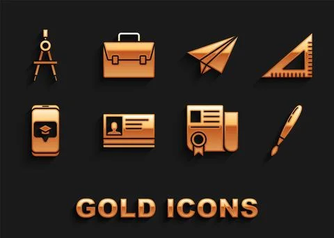 Set Identification badge, Triangular ruler, Paint brush, Certificate template Illustrazione stock