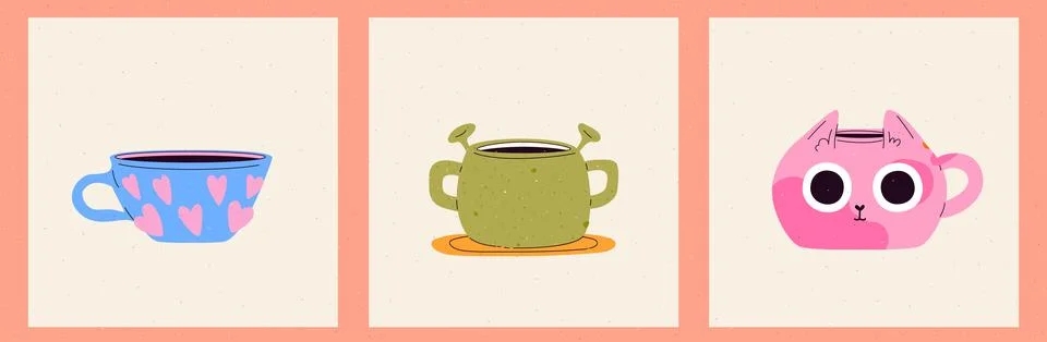 A set of IG post card with ceramic mugs and a groovy style. With different Stock Illustration