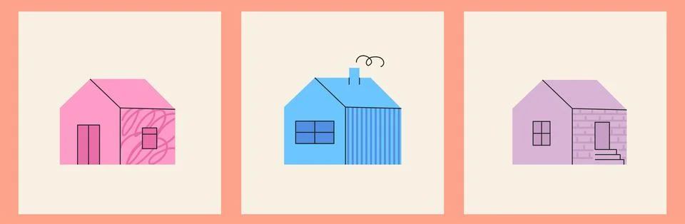 Set of ig post card with simple house icons in bright color with simple black Stock Illustration