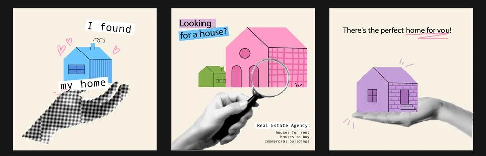 A set of IG posts on the topic of renting and buying real estate. Popart collage Stock Illustration