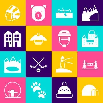 Set Igloo ice house, Capilano Suspension Bridge, Chateau Frontenac hotel, K.. Stock Illustration