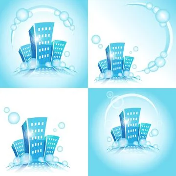 Set of illustration of a city with soap bubbles. Stock Illustration