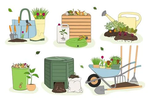 Set of illustration of compost bin and gardening tools. Recycling organic w.. Stock Illustration