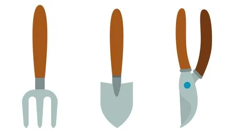 Set illustration of garden tools. Pruner, manual landing fork, trowel. Stockillustratie