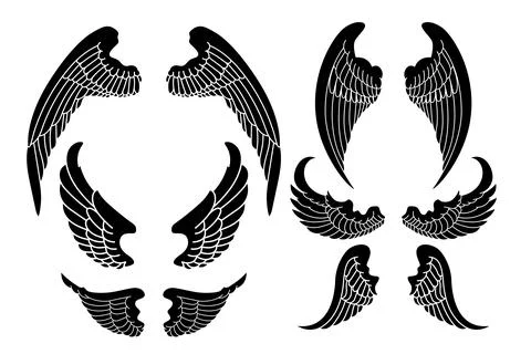 Set of  illustration of a pair of wings in black and white,  done in a tatt.. Ilustração Stock