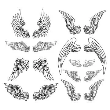 Set of  illustration of a pair of wings in black and white,  done in a tatt.. Ilustração Stock