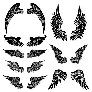 Set of  illustration of a pair of wings in black and white,  done in a tatt.. Ilustração Stock