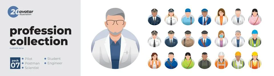 Set illustration vector Avatars of Pilot, Postman, Scientist, Student, and .. Illustrazione stock