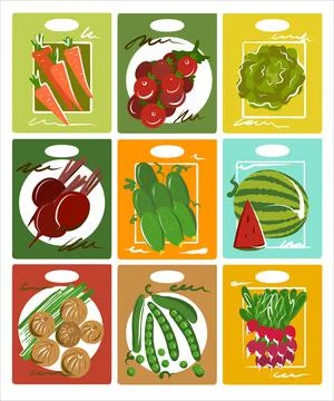 A set of illustrations of 9 pieces. Vegetable seeds in a paper bag. Bright color Stock Illustration