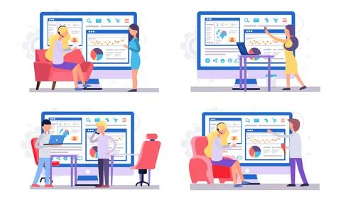 Set of illustrations about analysis of statistical data. People work with Stock Illustration