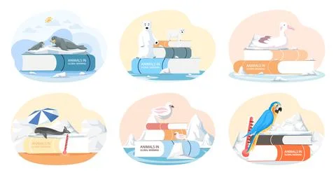 Set of illustrations about animals during global warming. Literature about Stock Illustration