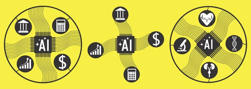 Set of illustrations about artificial intelligence, use of artificial Illustrazione stock