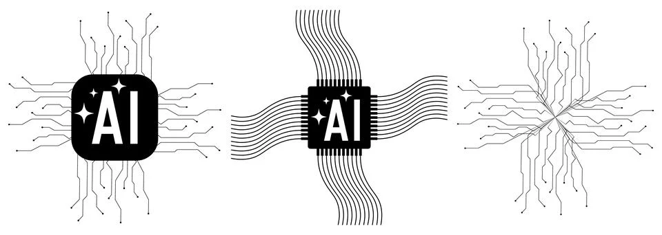 Set of illustrations about artificial intelligence, on a white background Stock Illustration