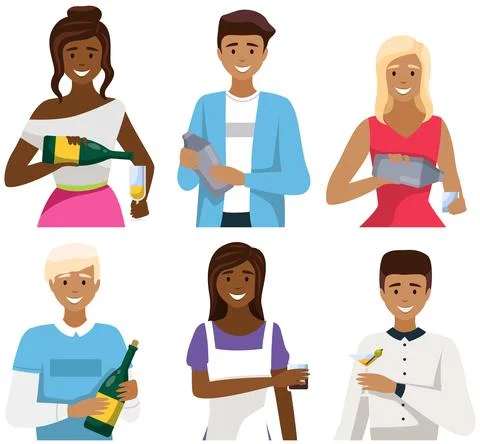 Set of illustrations about bartenders working with drinks. People mix, create Stock Illustration