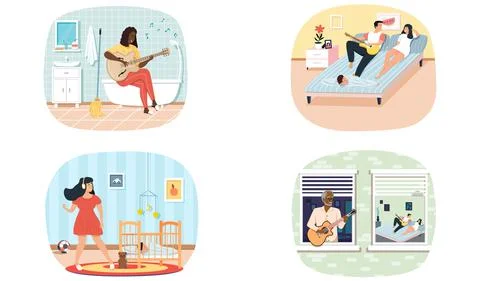 Set of illustrations about characters performing songs and presenting their Stock-Illustration