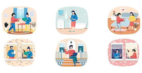 Set of illustrations about characters working on computer. Freelancers with Stock Illustration