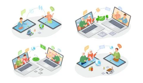 Set of illustrations about chatting with relatives by online videochat using Illustrazione stock