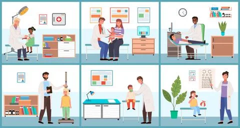 A set of illustrations about checking health status of children. People at the Stockillustratie