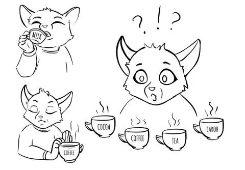 Set of illustrations about choice of drinks - milk, coffe, tea, carob, cocoa Stock Illustration