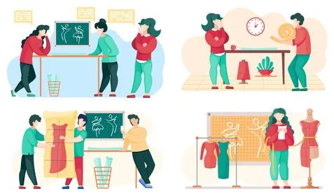 Set of illustrations about designers spending time in tayloring studio. Planning Stock-Illustration