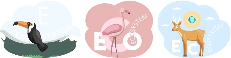 Set of illustrations about eco system of Earth. Different animals, birds on 库存插图