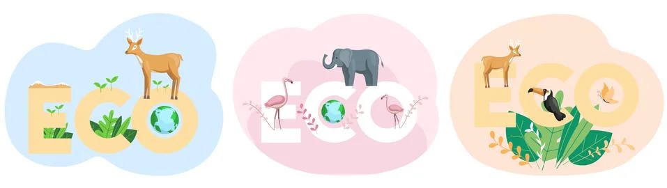 Set of illustrations about eco system of Earth. Different animals, birds on Stock-Illustration