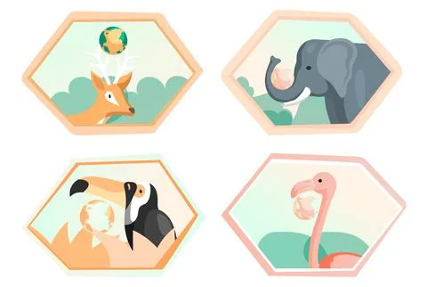 Set of illustrations about eco system of Earth. Different animals, birds on 库存插图