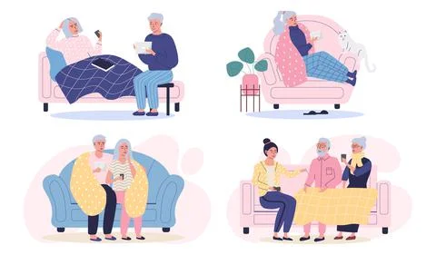 Set of illustrations about elderly people spend time together at home. Old Stock Illustration
