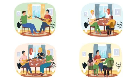 Set of illustrations about friends playing board games and listening to music of Stock Illustration
