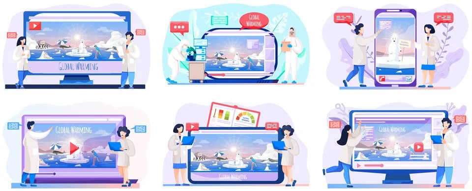 Set of illustrations about global warming video. Scientists study causes of Illustrazione stock