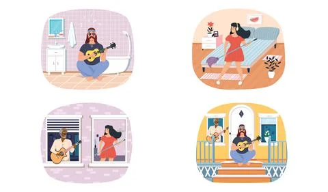 Set of illustrations about guitarists performing songs and playing stringed 스톡 일러스트
