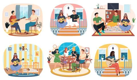 Set of illustrations about guitarists playing melody on musical instrument and Stockillustratie