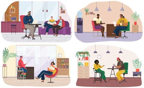 Set of illustrations about interviewing, live communication in studio. People Illustrazione stock