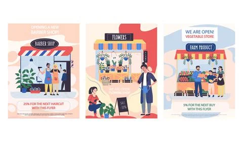 Set of illustrations about new stores and discounts. Opening establishment and Stock Illustration
