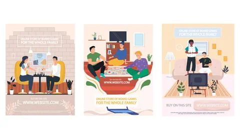 Set of illustrations about online store of board games. People have fun and play Stock Illustration