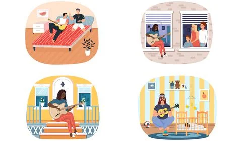 Set of illustrations about people play guitar at home. Characters play strings 库存插图