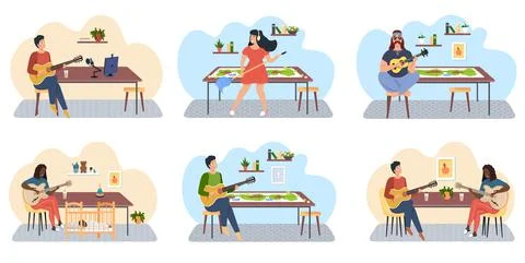 Set of illustrations about people playing guitar on background of board game and Illustrazione stock