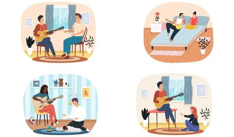Set of illustrations about people spend time together and play guitar. Making Illustrazione stock