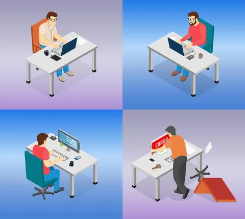 Set of illustrations about people using laptops. Men program, work with Stockillustratie