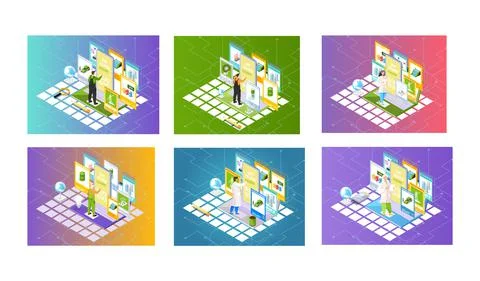 Set of illustrations about people working with green eco-friendly technology for Ilustração Stock