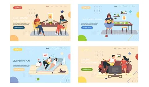 Set of illustrations about performers improve guitar playing skills. People sing Stock Illustration