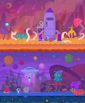 Set of illustrations about pixel game design. Pixelated characters leaving 스톡 일러스트