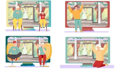 Set of illustrations about preparation for the wedding. People on the background Illustrazione stock