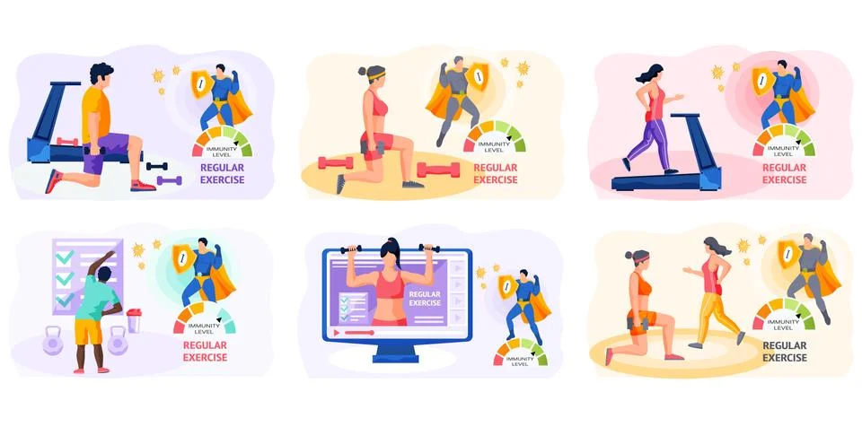Set of illustrations about regular exercises with equipment. Immunity level 스톡 일러스트
