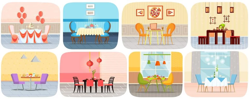 Set of illustrations about restaurant table. Furniture and interior elements of Stock Illustration