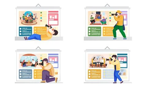Set of illustrations about shooting poster with pictures. People on the Illustrazione stock