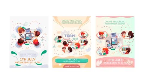 Set of illustrations about team working with education program. Online preschool Stock Illustration