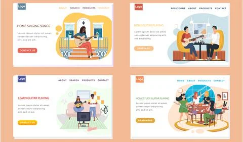 Set of illustrations about website with people singing songs. Musicians are Stock Illustration